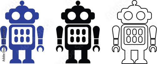 Retro robot blue and black icon set in flat and line style vector Group and collection of vintage androids, droids, bots, cyborgs, mechanical machines and humanoid robots.
