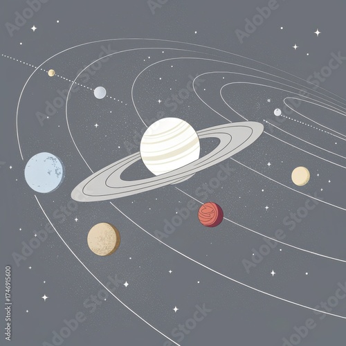 Planets in solar system orbiting in minimalist space illustration  