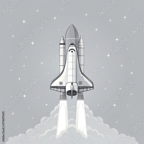 Rocket launching into space with clouds and stars in gray background  