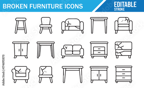 Damage Furniture Icons in Simple and Editable Line Art