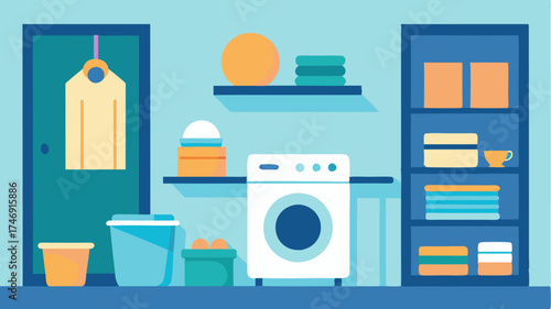 A stylish laundry room featuring organized shelves a practical washing machine decorative laundry baskets and a cheerful color palette.