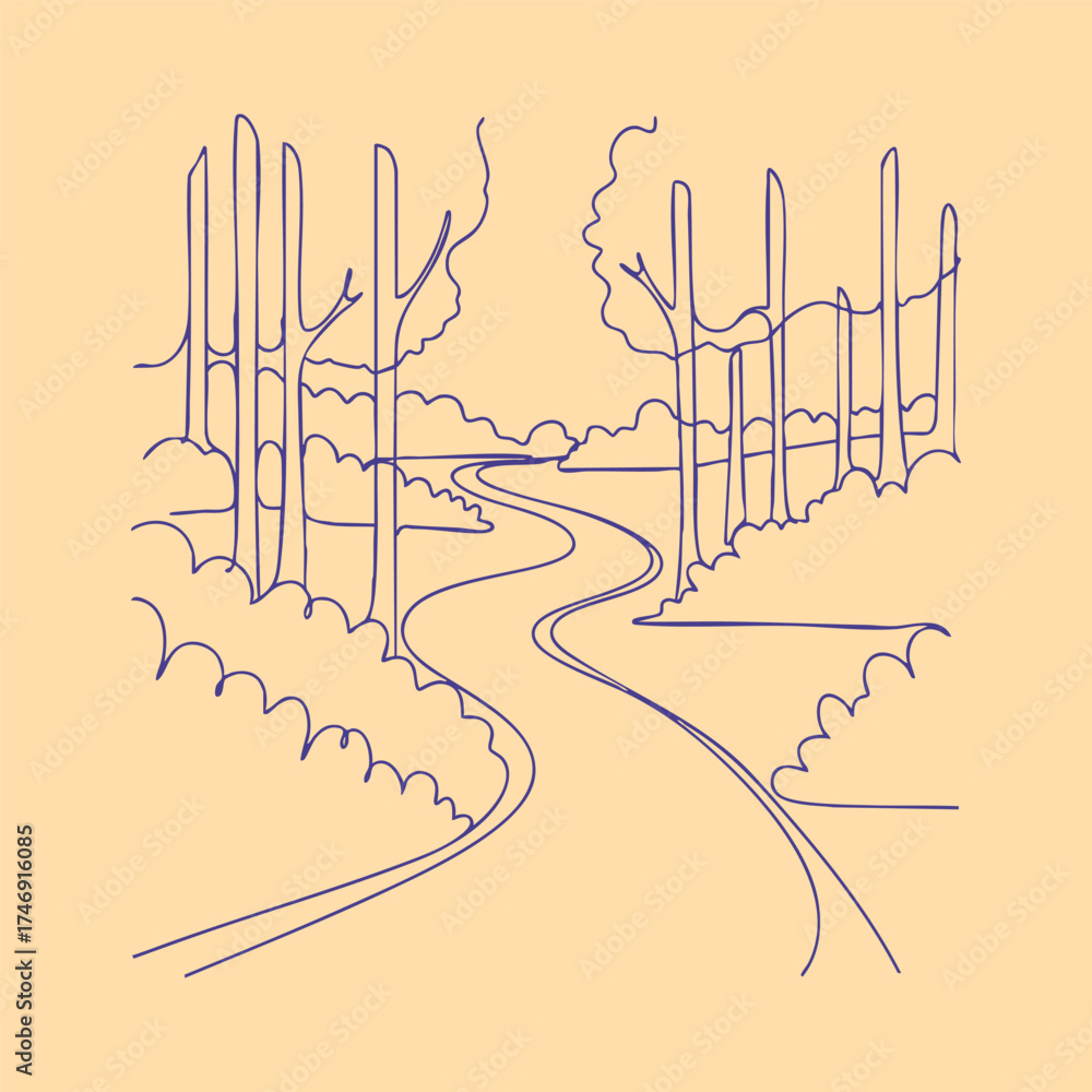 Obraz premium Minimalist Line Drawing of a Winding Road Through a Forest with Tall Trees and Bushes on a Soft Beige