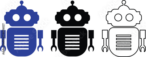Retro robot blue and black icon set in flat and line style vector Group and collection of vintage androids, droids, bots, cyborgs, mechanical machines and humanoid robots.