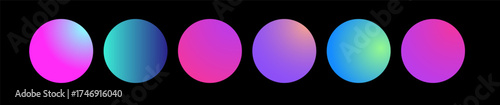 Rounded holographic gradient sphere. Multicolor green purple yellow orange pink cyan fluid circle gradients, colorful soft round buttons or vivid color spheres flat set.