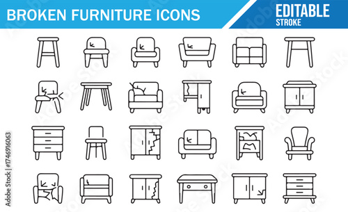 Minimalist Broken Furniture Icons with Cracks in Editable Stroke