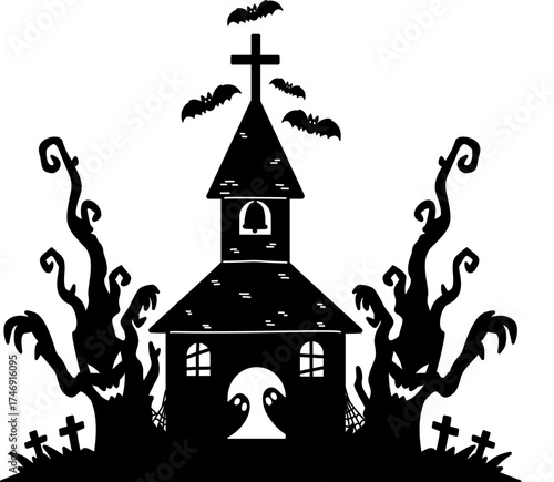 Halloween Church with Tree Ghost Silhouette Doodle Illustration