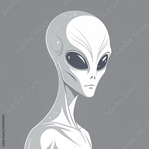 Cartoon alien character with large eyes on grey background  