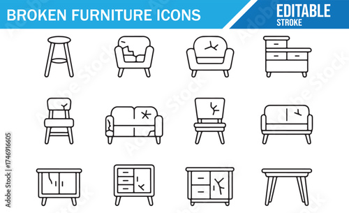 Set of Broken Furniture Icons in Outline Style, Editable Stroke Design for Digital Use