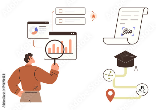 Man analyzing charts with magnifying glass beside diploma, graduation cap, educational path elements. Ideal for learning, education, achievement, progress, data research career-building. Simple