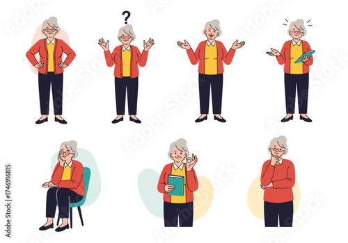 A collection of diverse elderly woman poses and expressions conveying various emotions and actions.