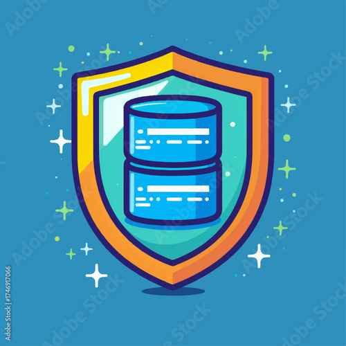 Secure database icon with shield and sparkling protective elements on blue background