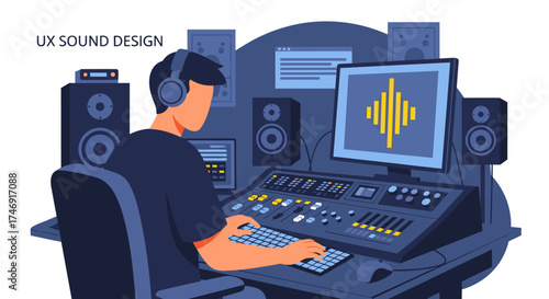 Professional sound designer working at a mixing console in a studio.