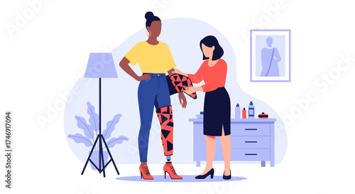 Woman with prosthetic leg getting dressed with assistance.