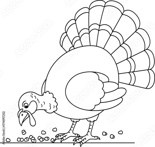 Cartoon Turkey Pecking at Food on the Ground - Outline Illustration of a Farm Bird Eating Grains, Ideal for Thanksgiving and Coloring Activities