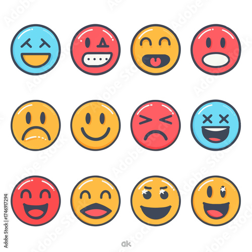 Collection of colorful cartoon smiley face emojis expressing various emotions and feelings