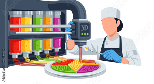 Chef using advanced 3D food printer to create colorful meal on plate.