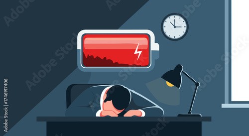 Exhausted individual slumped at desk with low battery symbol.