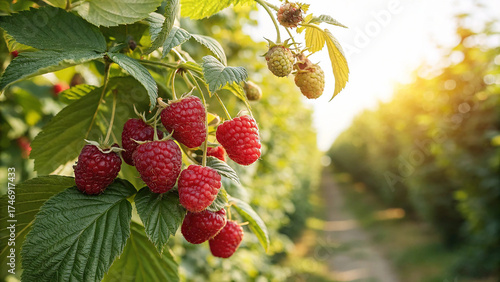 Raspberry on tree in garden, Raspberry hanging on tree in natural warm sunlight view