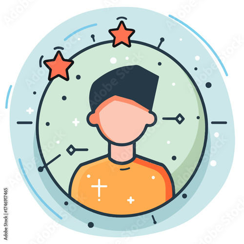 Stylized illustration of a person within a circular target with stars symbolizing achievement and goals