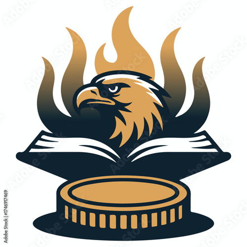 Symbolic eagle head over open book with flames and coin represents knowledge wisdom and financial success