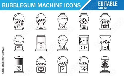 Editable Stroke Bubblegum Machine Icon Collection for Designers