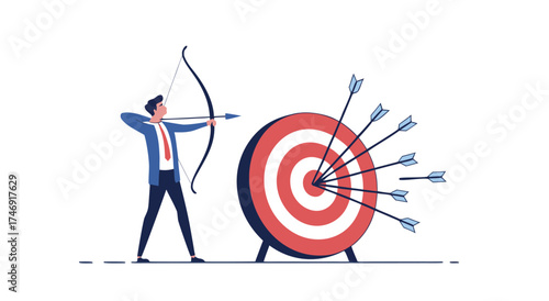 Businessman shooting arrows at a target with many arrows already in it.

