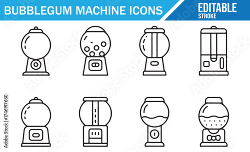 Set of Retro Bubblegum Machine Vending Icons in Outline