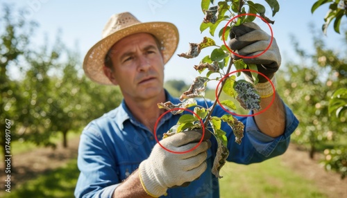 Gardener in a medium shot studying blighted leaves on a fruit tree highlighting areas affected by fungal disease under natural light.
