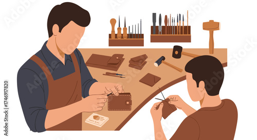 Leather craft workshop with two people working on wallets and accessories.