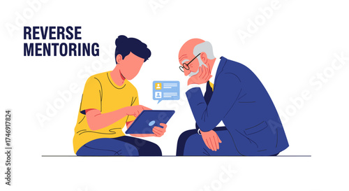 Reverse mentoring concept with a young person teaching a senior man using a tablet.