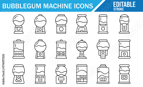 Set of Bubblegum Machine Icons in Outline Style, Editable Stroke, Simple and Modern Design