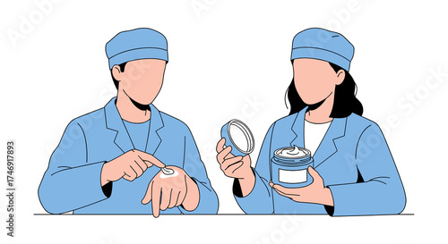 Dermatologists testing a new cosmetic cream in a laboratory setting.