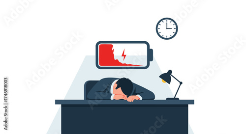 Exhausted businessman with low energy battery sleeping at desk.