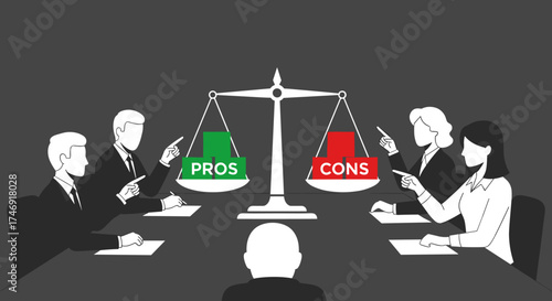 Business team debating the pros and cons in a corporate meeting.