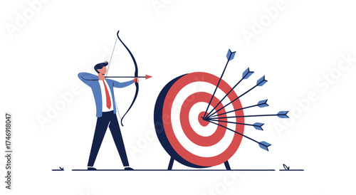 Businessman shooting arrows at a target with many arrows already in it.

