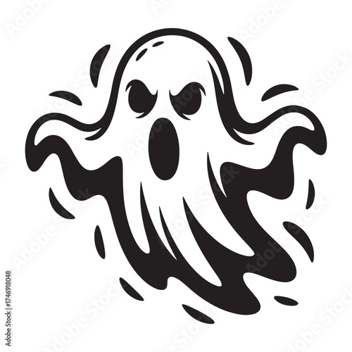 Spooky cartoon ghost with wide open mouth and angry eyes floating and waving arms