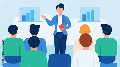 An individual presenting to a small audience in a conference room with engaging visuals and active participation from attendees.
