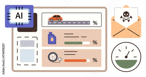 AI chip next to car diagnostics chart with fuel gauge, liquid levels, suspicious email alert, and completion bars. Ideal for technology, automotive, AI, cybersecurity, data analysis innovation