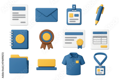 3D Corporate Icons. Corporate identity set icons in 3D color style: letterhead, envelope, ID badge, branded pen, notebook, company seal, certificate,