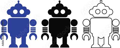 Retro robot blue and black icon set in flat and line style vector Group and collection of vintage androids, droids, bots, cyborgs, mechanical machines and humanoid robots.