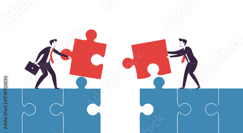 Two businessmen connecting puzzle pieces to complete a bridge.

