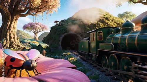3D Steam Train Emerging from Tunnel in Colorful Fantasy Garden – Whimsical Animated Scene