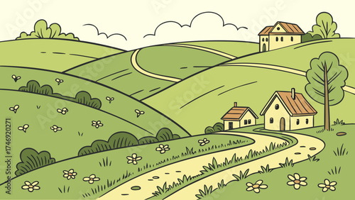 Gentle hills with lush grasslands and meadows, depicting a tranquil village landscape in vector sketch style white background