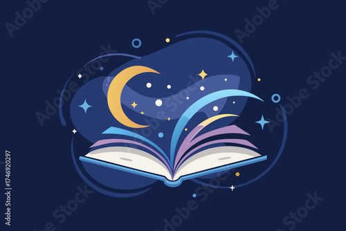 Open magical book with sparkling crescent moon night sky