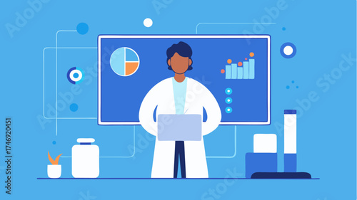 A healthcare professional in a lab coat remotely analyzing a patients data on a computer with charts and health metrics projected around them.