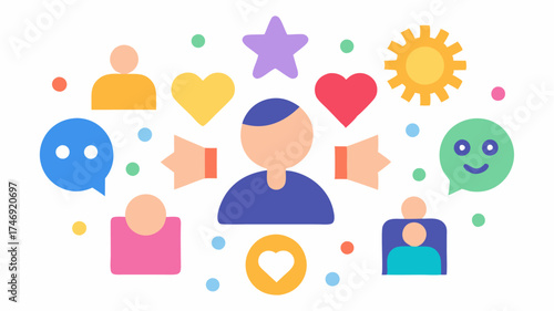An array of colorful icons such as hearts thumbsups and comments radiating outward from a central figure symbolizing social support.