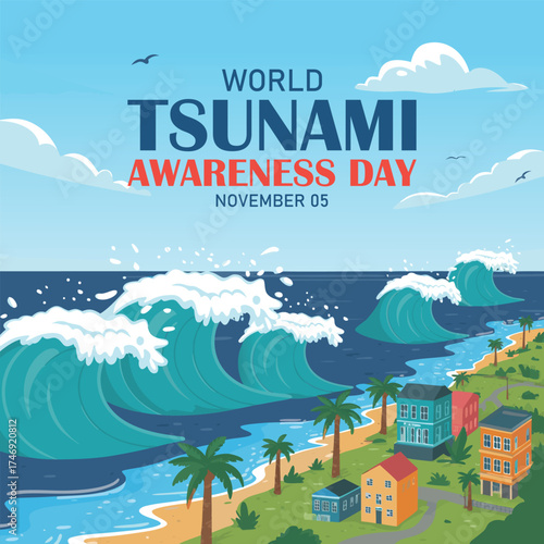 World Tsunami Awareness Day Vector Illustration on November 5, featuring Waves Crashing into Houses, Trees, and Buildings in a Flat Style Background.