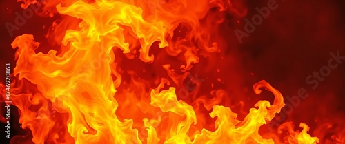 Fiery orange and yellow flames engulfing the background, intense heat and energy,  backdrop,  danger