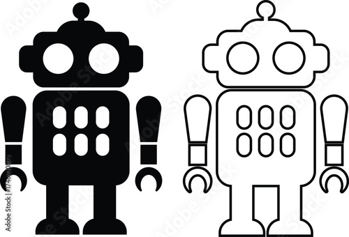 Retro robot black icon set in flat and line style vector Group and collection of vintage androids, droids, bots, cyborgs, mechanical machines and humanoid robots.