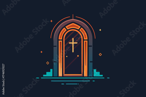 Gothic arch doorway with subtle neon light reflections